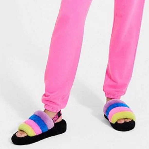 UGG® Logo Fluff Yeah Multicolor Fur Platform Slippers Size 7 - Picture 1 of 6